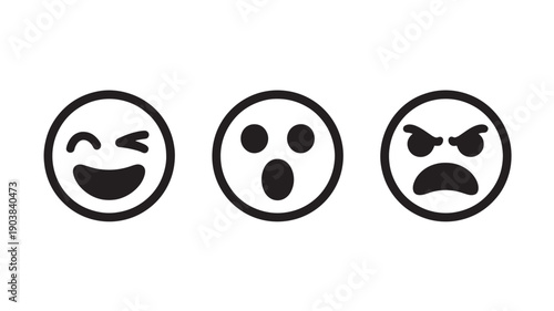 Emoticon Set with Various Expressions in Simple Black and White Design for Digital Communication
