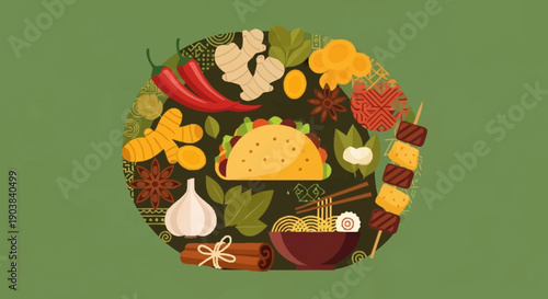 Vibrant illustration of diverse global cuisine a circular arrangement of aromatic spices, savory tacos, and delicious ramen dishes