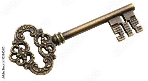 Ornate antique key PNG isolated on transparent background, vintage style golden metal key for decoration and design projects
