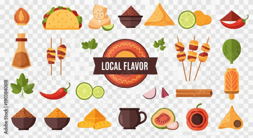 Colorful illustration featuring a rich assortment of international street food, authentic spices, and fresh ingredients, celebrating diverse local flavors and global cuisine