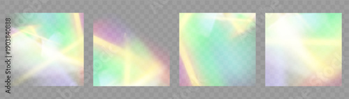 Crystal prism light flare background,transparent rainbow overlay with diamond neon glare effect and iridescent blur.