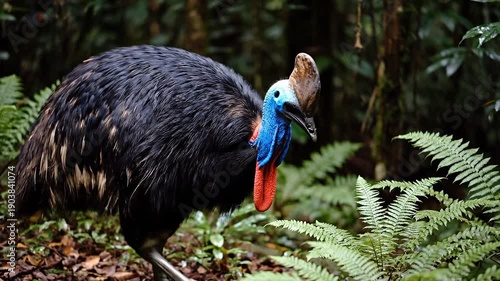 A graceful cassowary in a dense rainforest with lush green foliage.