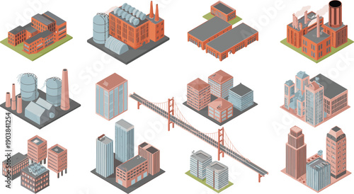 isometric industrial cityscape factory buildings warehouse plant bridge skyscraper urban architecture infrastructure construction business property vector illustration collection set design,