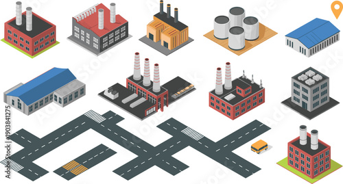 isometric industrial factory buildings roads infrastructure collection flat vector illustration urban manufacturing plant warehouse design set pack bundle,