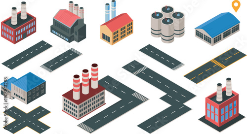 isometric industrial factory infrastructure buildings roads warehouse manufacturing plant city vector illustration construction transport design collection set bundle,