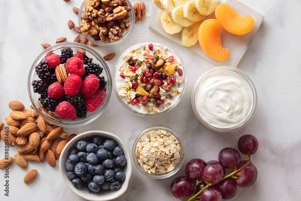 Fototapeta premium Assorted fruits, nuts, and yogurt arranged on a table for a healthy breakfast or snack preparation