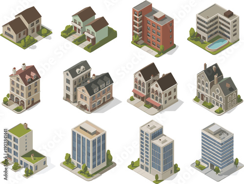 isometric residential and commercial buildings architecture collection flat vector illustration city houses apartments offices design set bundle pack icons,