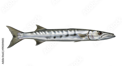 Great barracuda isolated PNG on transparent background, silver predatory fish with sharp teeth for marine life and wildlife design