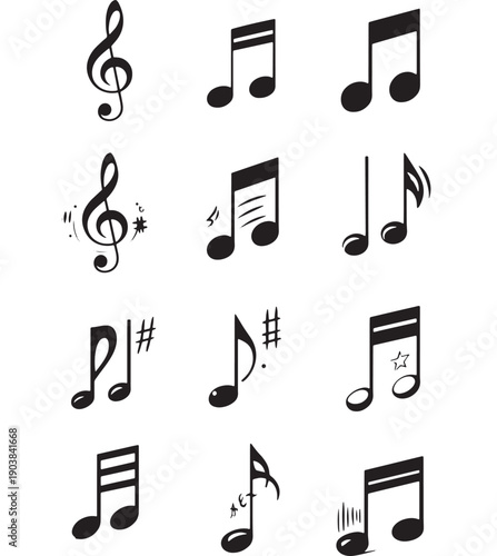 Music Notes and Symbols in Black on White Background in Simple Flat Design for Music Education