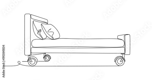 Minimalist line art of hospital bed with wheels and pillows. Non editable stroke