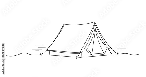 Minimalist line art of a camping tent in nature. Non editable stroke