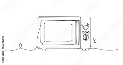 Continuous line drawing of a microwave oven with open door and dials. Non editable stroke