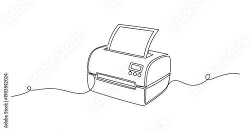 Minimalist line drawing of a printer with paper. Non editable stroke