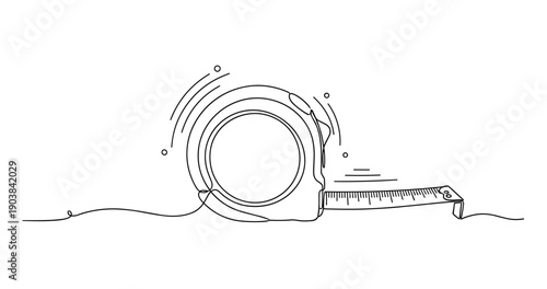 Outline of a tape measure unraveling with motion lines on white background. Non editable stroke