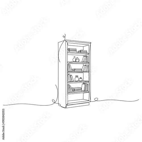 Minimalist line art bookshelf filled with books and vases. Non editable stroke
