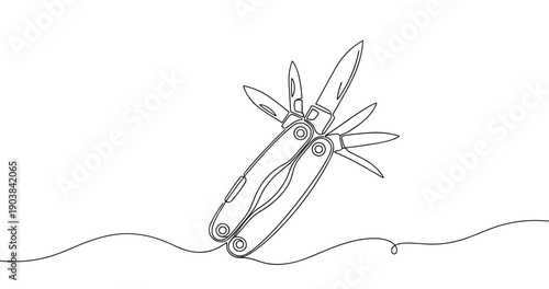 Minimalist line art of versatile multi-tool with extended blades. Non editable stroke