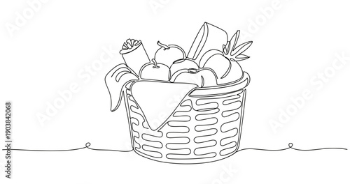 Continuous line drawing of fruit basket with apples and bananas. Non editable stroke