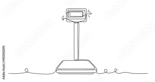 Continuous line drawing of a weighing scale with digital display. Non editable stroke