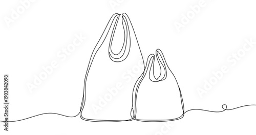 Minimalist line art of two shopping bags in continuous black lines. Non editable stroke
