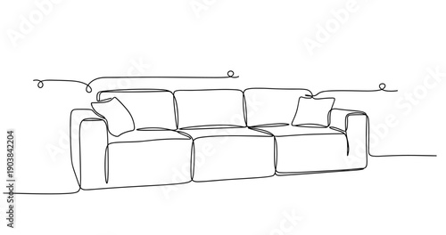 Minimalist continuous line drawing of a modern sofa with cushions. Non editable stroke