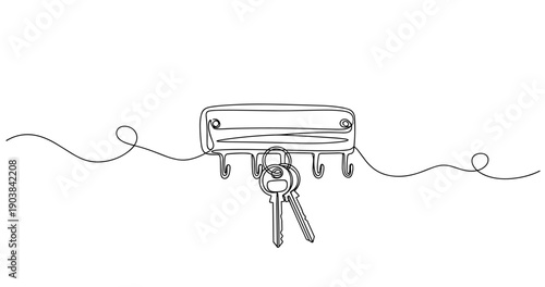 Minimalist key holder with keys hanging on hooks. Non editable stroke