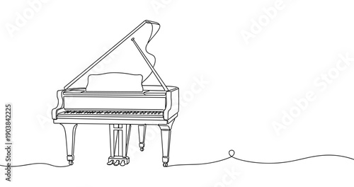 Minimalist line art of grand piano with flowing musical line. Non editable stroke