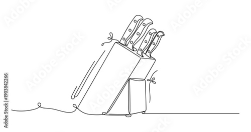 Continuous line art of knife block with four knives in holder. Non editable stroke