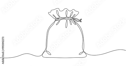 Minimalist continuous line drawing of a drawstring bag. Non editable stroke