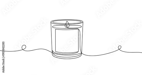 Minimalist continuous line drawing of a candle with flame in glass holder. Non editable stroke