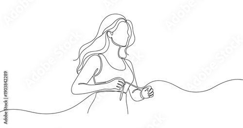 Continuous line drawing of young caucasian female enjoying music with headphones. Non editable stroke