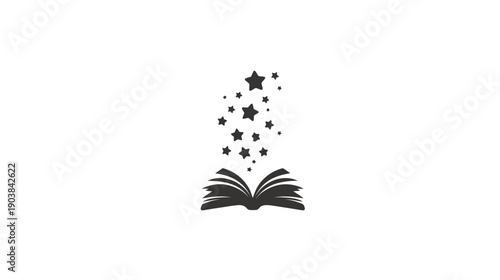 Open book with magical stars graphic. Symbolizing imagination, knowledge, learning, education, storytelling, and fantasy.