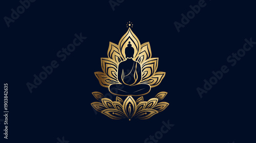 Golden Buddha silhouette meditating gracefully on ornate lotus flowers. Spiritual enlightenment, peace, and wisdom artwork on dark background.