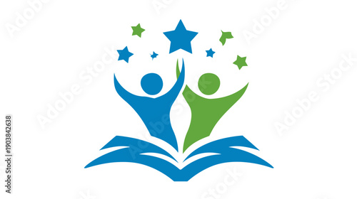 Vibrant abstract logo: two people celebrating success with an open book and stars, symbolizing education, learning, partnership, and community achievement.