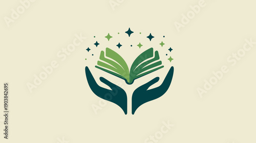 Caring hands holding an open book with magical sparkles, symbolizing education, knowledge, wisdom, learning, and discovery.