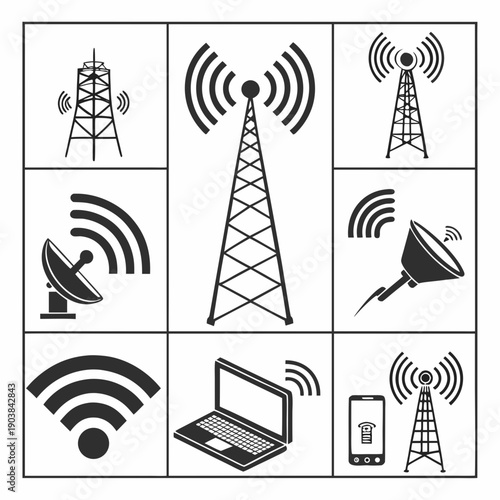 A collection of wireless communication and networking symbols Vector