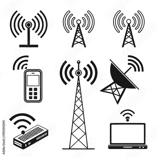 A collection of wireless communication devices and towers Vector