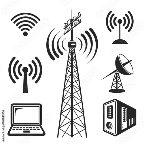 Communication tower with various wireless devices Vector