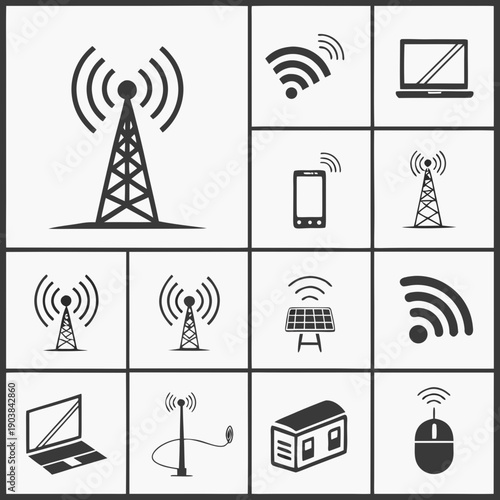 A collection of black and white icons representing various wireless communication devices Vector