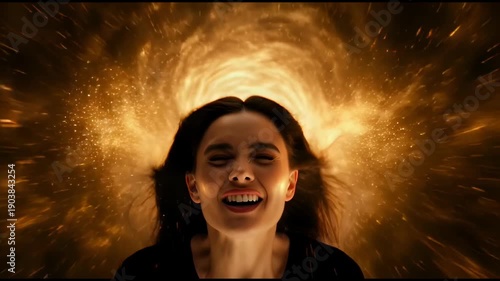 Close-up of a woman smiling joyfully as she is enveloped by a vortex of swirling golden sparks and light, implying a powerful, energetic transformation.