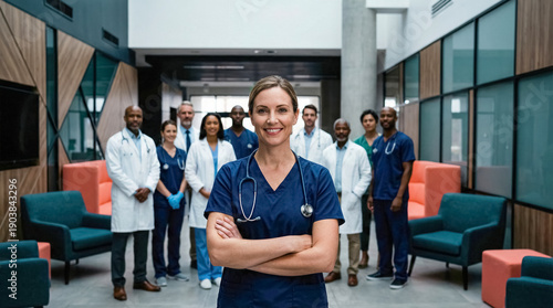 Confident female lead clinician with multidisciplinary medical team. Diverse doctors and nurses in modern hospital lobby, healthcare leadership, teamwork and patient‑care concept. 
