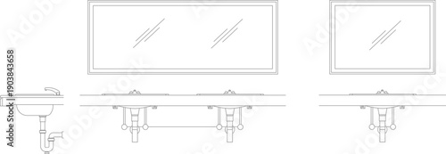 Technical vector illustration of double bathroom vanities, featuring wide rectangular mirrors, under-mount sinks, and plumbing pipe details.