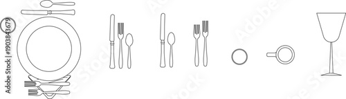 Technical vector illustration of formal table settings, featuring plates, cutlery (forks, knives, spoons), mugs, and wine glasses in top view.