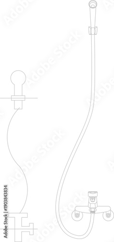 Technical vector illustration of hand shower systems, featuring flexible hoses, shower heads, and wall-mounted mixer taps in minimalist line art.