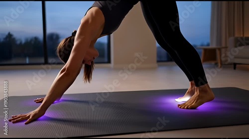 Woman doing Downward Dog yoga on a smart mat with purple light feedback under hands and feet, training indoors at dusk.