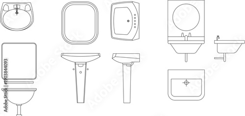 Technical vector illustration of washbasin icons, featuring pedestal sinks from front, side, and top views in minimalist black line art