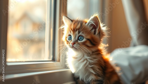 Adorable fluffy kitten playing indoors, cozy home lifestyle