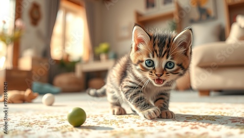 Cute playful kitten at home in cozy interior