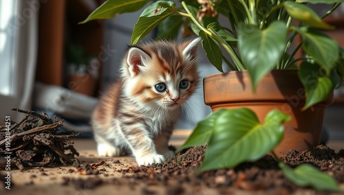 Adorable fluffy kitten playing indoors, cozy home lifestyle