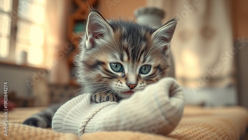 Cute playful kitten at home in cozy interior