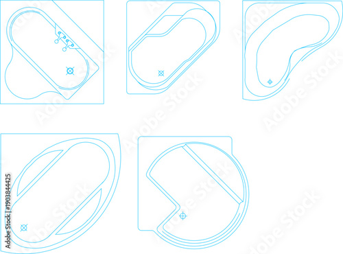 Technical cyan line vector illustration of corner bathtubs and organic-shaped tubs in top view, perfect for luxury bathroom floor plan design.